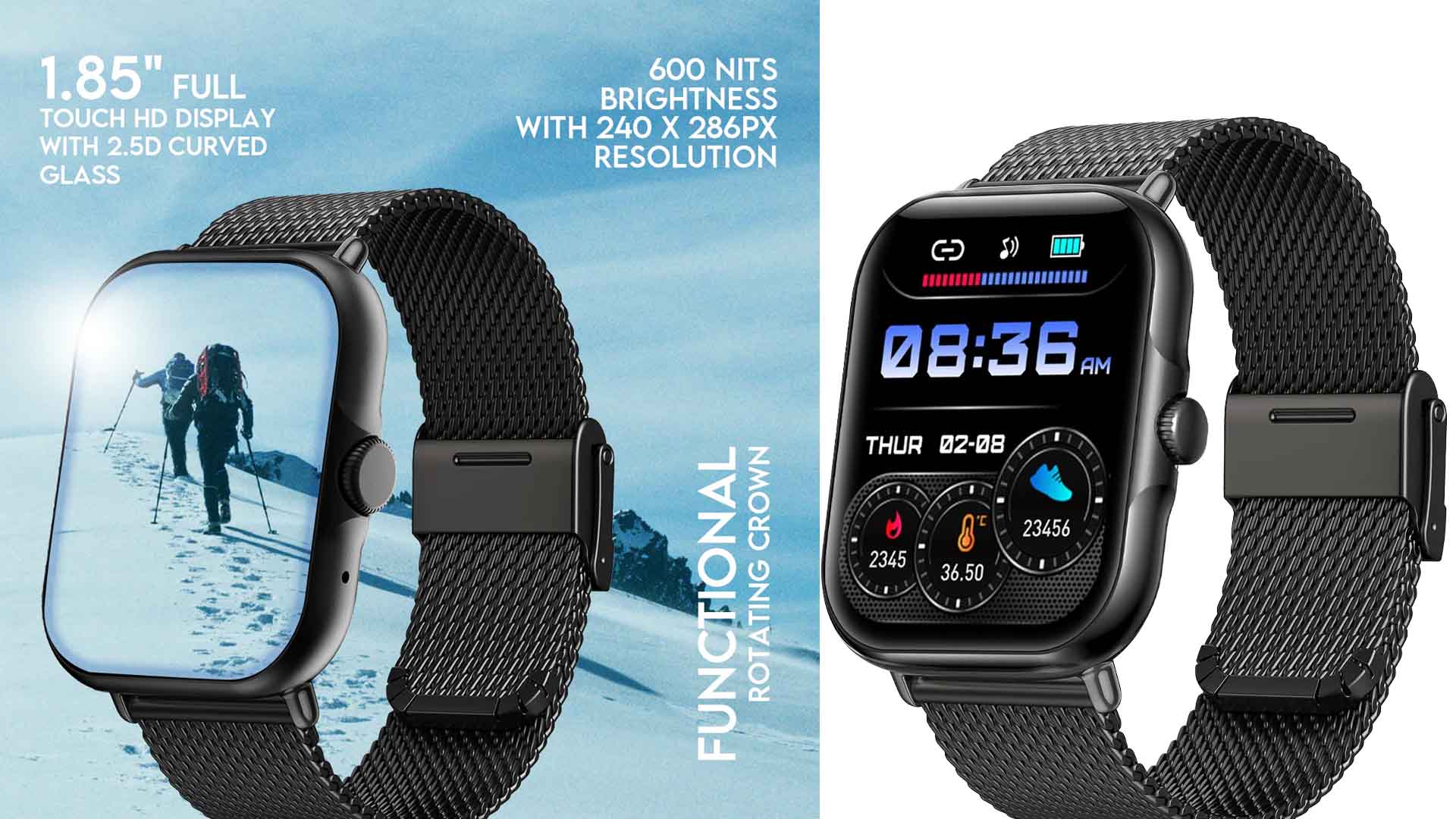 Ptron Reflect Callz Smartwatch, Bluetooth Calling, 1.85&Quot; Full Touch Display, 600 Nits, Digital Crown, Metal Mesh Strap, 100+ Watch Faces, Hr, Sports Mode, 5 Days Battery Life